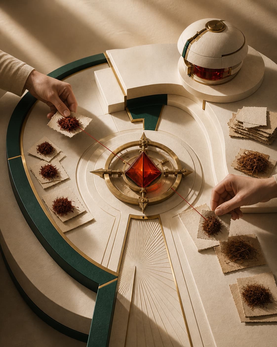 Hands arranging rough business inputs around a red glass decision point on an Art Deco working table