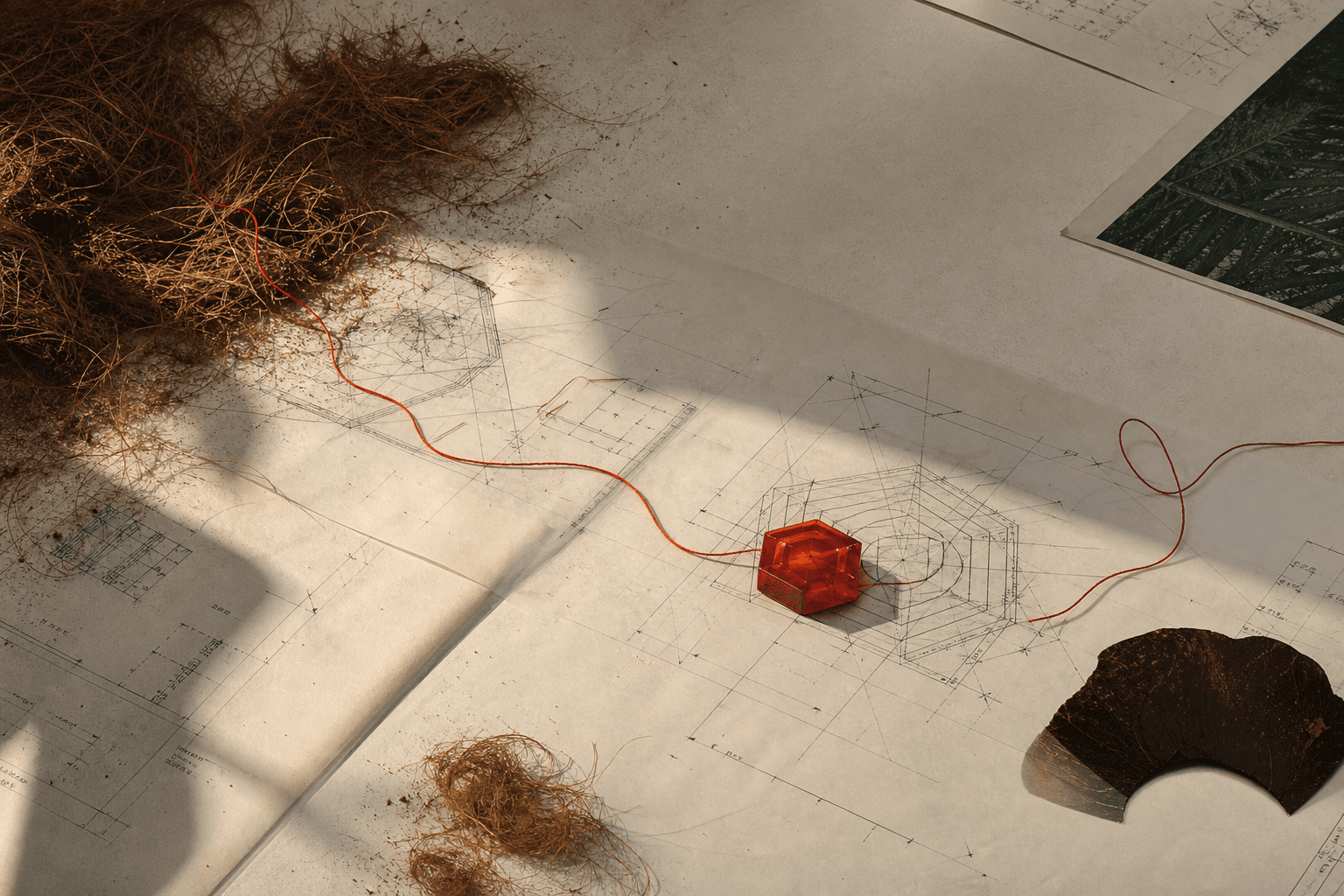 Architectural papers, coconut fiber, and a red thread forming a precise working system